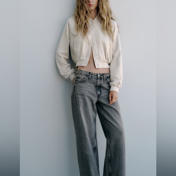 Zara satin effect crop bomber Sand color NWT - Picture 2 of 7